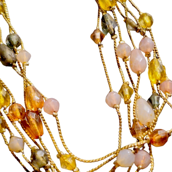 Multi Strand Gold Tone Chain Necklace With Glass and Stone Beads - Picture 3 of 4
